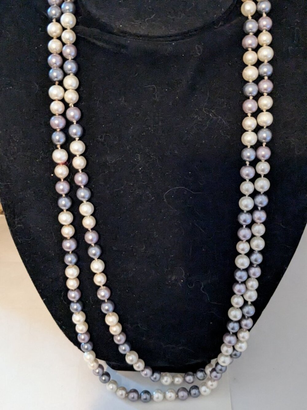 White, Gray, Silver Faux Pearl Long Length Individual Knotted Necklace